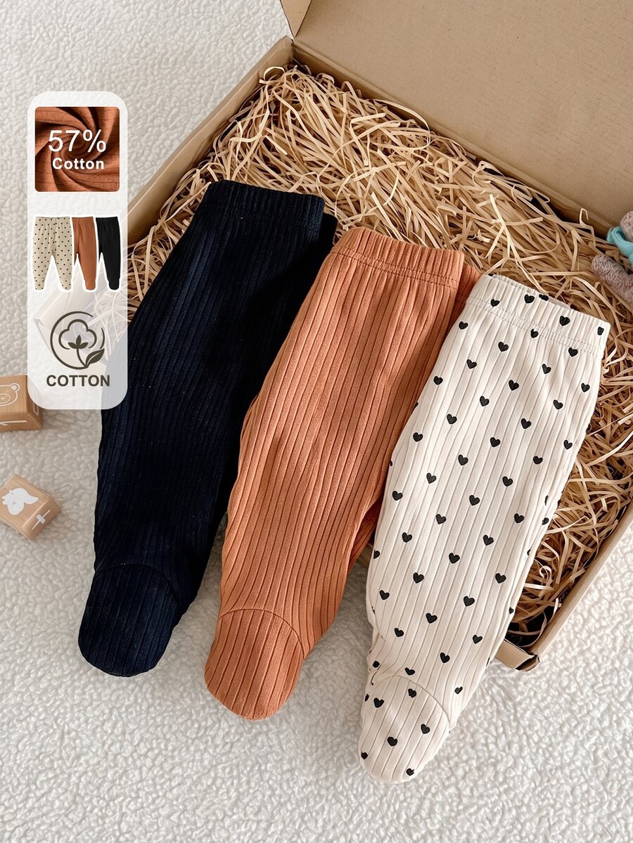 SHEIN 3Pcs Newborn Baby Footed Pants 0-1Y, Spring Autumn Ribbed Cotton Leggings, Solid & Heart Print Soft Breathable Baby Trousers