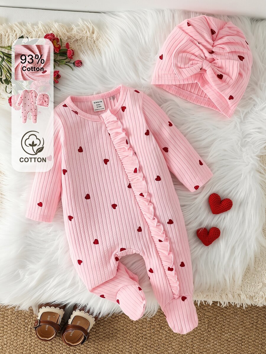 SHEIN Baby Girl 2Pcs Set Heart Print Ribbed Long Sleeve Footed Romper & Bow Hat Newborn Infant Outfit For 0-12M
