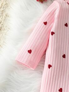 SHEIN Baby Girl 2Pcs Set Heart Print Ribbed Long Sleeve Footed Romper & Bow Hat Newborn Infant Outfit For 0-12M - Pink - View 8