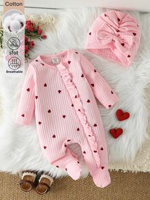 SHEIN Baby Girl 2Pcs Set Heart Print Ribbed Long Sleeve Footed Romper & Bow Hat Newborn Infant Outfit For 0-12M - Pink - View 5
