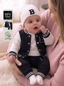 SHEIN 2pcs Newborn Fall Fleece Cotton Baseball Outfit Set, Soft Skin-Friendly Baby Casual Tropical Cotton Sports Set Family Matching Black And White - Multicolor - View 2