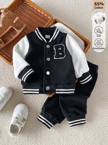 SHEIN 2pcs Newborn Fall Fleece Cotton Baseball Outfit Set, Soft Skin-Friendly Baby Casual Tropical Cotton Sports Set Family Matching Black And White - Multicolor - View 7