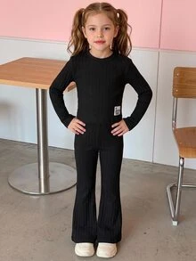 SHEIN Girls Casual Korean Modest Ribbed Slim Fit Mock Neck Long Sleeve T-Shirt With Flared Pants 2 Pieces Set Daily Wear Autumn Winter School Black - Black - View 6