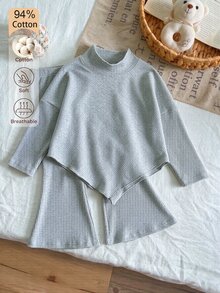 SHEIN 女童春秋冬季休閒 T 恤套裝，設計感不對稱套頭高領針織羅紋布料純灰色長袖 T 恤上衣搭配灰色休閒喇叭褲，2 件套，適合春秋冬季返校季，優雅淑女風高端日常校園出遊旅行聚會穿搭 - 灰色 - 查看 8