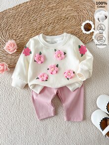 SHEIN Newborn Baby Fall 3D Floral Sweatshirt Ribbed Long Pants Set, Cute Outfit Outdoor Halloween Activities Family Matching Off-White Dusty Pink - Multicolor - View 8
