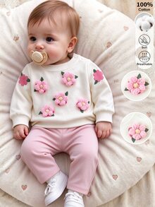 SHEIN Newborn Baby Fall 3D Floral Sweatshirt Ribbed Long Pants Set, Cute Outfit Outdoor Halloween Activities Family Matching Off-White Dusty Pink - Multicolor - View 5