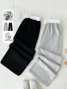 SHEIN Tween Girls Cotton Grey/Black Sweatpants 2-Pack With White Contrast Waist & Bow Round Drawstring, Wide Leg Fall Winter Outfits - Multicolor - View 2