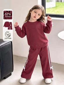 SHEIN 2Pcs Toddler Girls Waffle Knit Colorblock Side Stripe Bow Co-Ords Long Sleeve Round Neck Top & Wide Leg Pants Set Festive Holiday Clothes - Burgundy - View 2