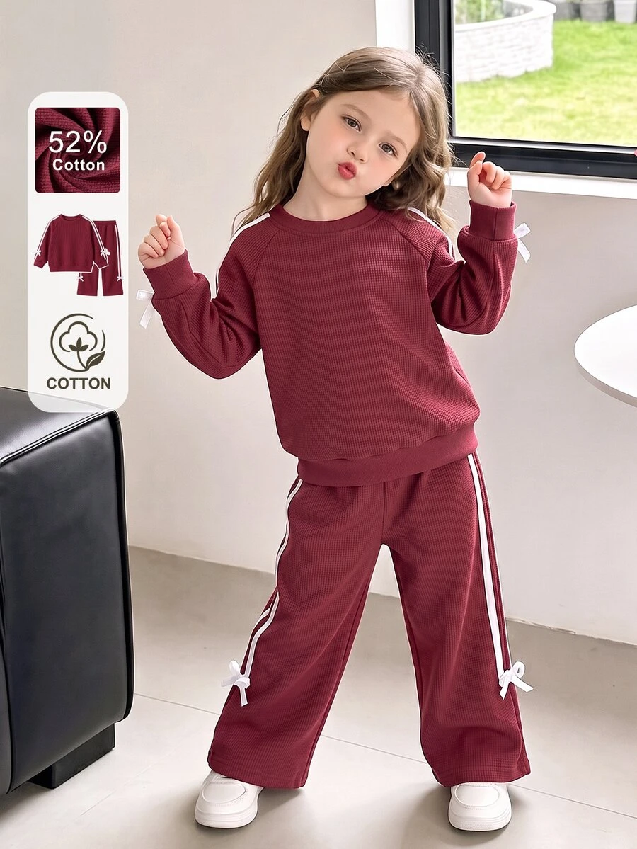 SHEIN 2Pcs Toddler Girls Waffle Knit Colorblock Side Stripe Bow Co-Ords Long Sleeve Round Neck Top & Wide Leg Pants Set Festive Holiday Clothes