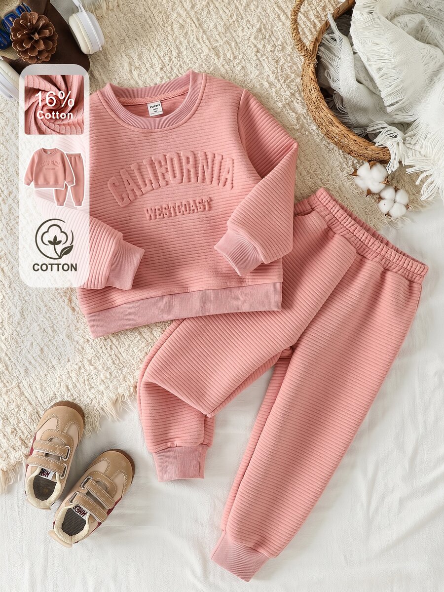 SHEIN Girls 2Pcs Outfit 4-7Y, Pink Ribbed Sweatshirt & Jogger Pants Set, California Letter Embossed Long Sleeve Top, Autumn Winter Cotton Casual Tracksuit