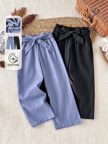 SHEIN 女童純色腰部打結設計休閒長褲 - 彩色 - 查看 2
