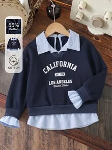SHEIN Young Girl Letter Print 2 In 1 Patchwork Casual Daily Long Sleeve Sweatshirt 7th Birthday Navy Blue Autumn - Navy Blue - View 1