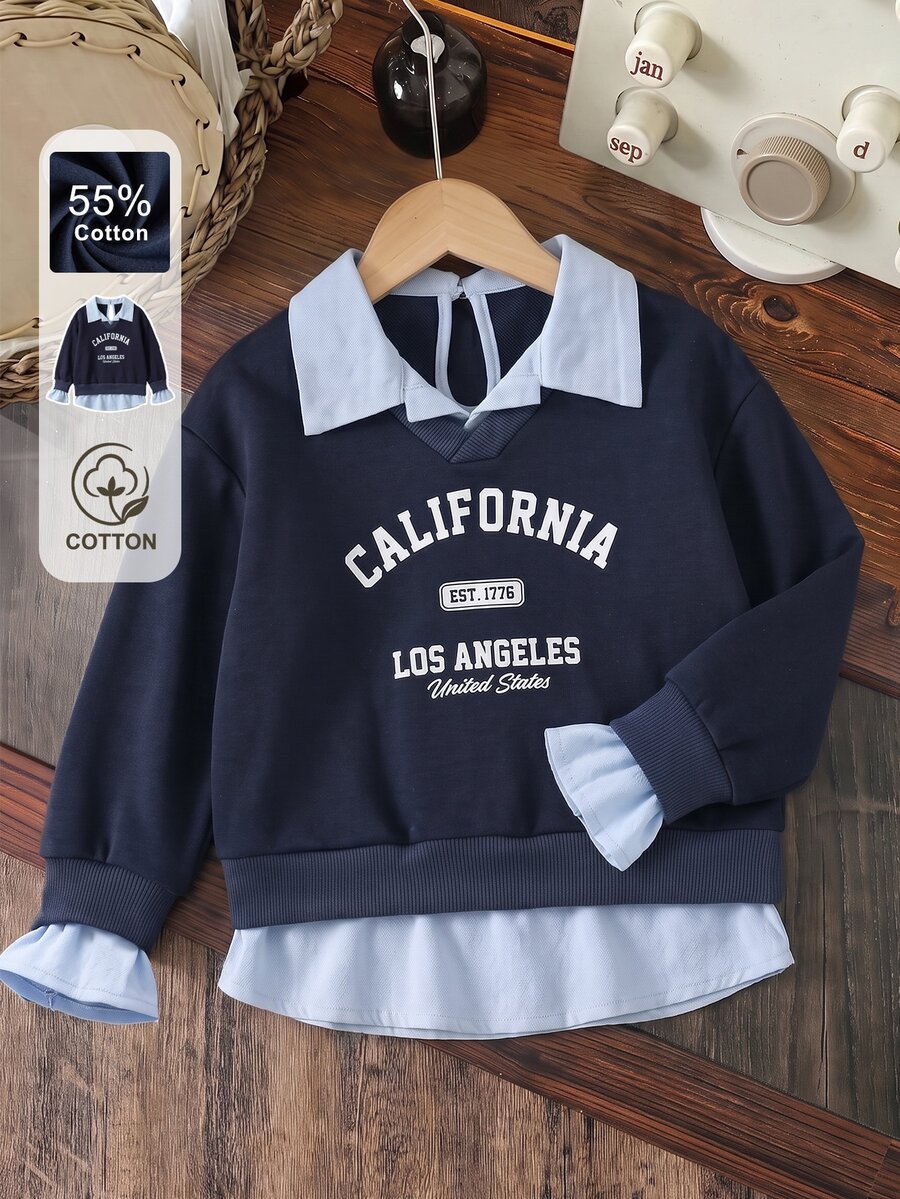SHEIN Young Girl Letter Print 2 In 1 Patchwork Casual Daily Long Sleeve Sweatshirt 7th Birthday Navy Blue Autumn - Navy Blue - View 1