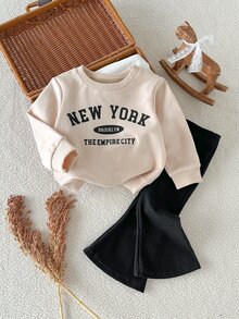 SHEIN 女嬰 0-3歲 春/秋杏色字母印花長袖上衣與黑色喇叭褲 2件套，可愛舒適極簡風，適合室內與戶外活動 - 彩色 - 查看 8