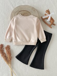 SHEIN 女嬰 0-3歲 春/秋杏色字母印花長袖上衣與黑色喇叭褲 2件套，可愛舒適極簡風，適合室內與戶外活動 - 彩色 - 查看 5