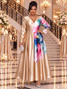 Fleurora Plus Size Elegant Floral Print V-Neck Satin Dress - Gold - View 3