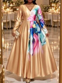 Fleurora Plus Size Elegant Floral Print V-Neck Satin Dress - Gold - View 5