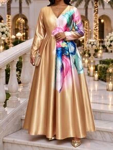 Fleurora Plus Size Elegant Floral Print V-Neck Satin Dress - Gold - View 4