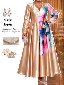 Fleurora Plus Size Elegant Floral Print V-Neck Satin Dress - Gold - View 6
