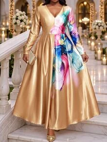 Fleurora Plus Size Elegant Floral Print V-Neck Satin Dress - Gold - View 1