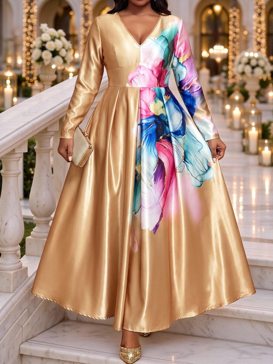 Fleurora Plus Size Elegant Floral Print V-Neck Satin Dress - Gold - View 1