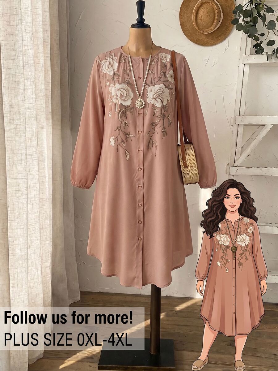 Rusticease Plus Size Autumn Casual Romantic Elegant Floral Print Front Button Dress Fall High Tea Morning Dusty Pink Brunch Formal Party - Brown - View 1