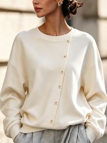 SHEIN Fall Women's Crew Neck Sweatshirt Loose Fit Dropped Shoulders Button Faux Asymmetrical Placket Ribbed Cuffs Hem Casual Brunch Beige Everyday Travel - Apricot - View 1