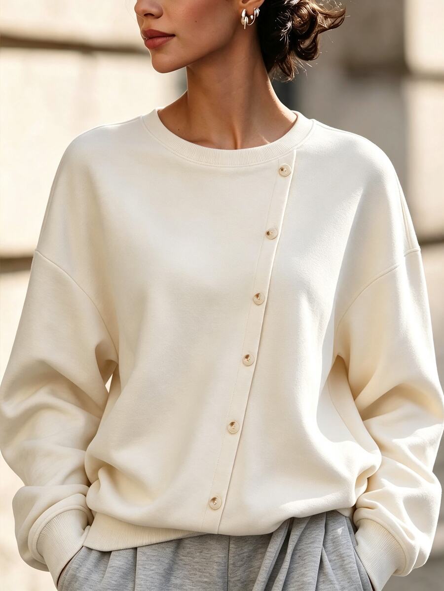 SHEIN Fall Women's Crew Neck Sweatshirt Loose Fit Dropped Shoulders Button Faux Asymmetrical Placket Ribbed Cuffs Hem Casual Brunch Beige Everyday Travel - Apricot - View 1