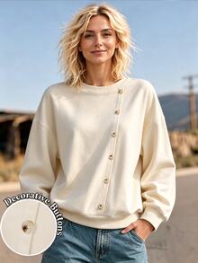 SHEIN Fall Women's Crew Neck Sweatshirt Loose Fit Dropped Shoulders Button Faux Asymmetrical Placket Ribbed Cuffs Hem Casual Brunch Beige Everyday Travel - Apricot - View 7