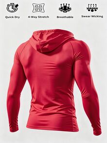 Gym Rark 男士修身連帽壓縮長袖上衣，抽象蜘蛛圖案印花，快乾彈性運動衫，適合健身房、跑步、訓練、秋季 - 紅色 - 查看 2