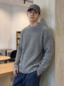 Claim Dot 男士时尚休闲圆领长袖套头毛衣，秋冬 - 深灰色 - 查看 1
