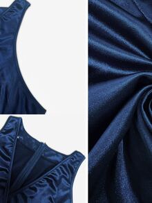 Velvienne Plus Solid Wrap Knot Side Satin Dress - Navy Blue - View 8