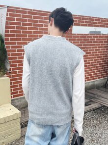 Claim Dot 男士條紋圖案毛衣背心不帶T恤 - 灰色 - 查看 2