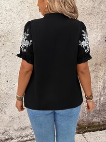 Breezaya 大码女式V领碎花休闲百搭日常短袖衬衫 - 黑色 - 查看 2