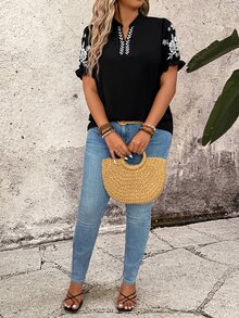 Breezaya 大码女式V领碎花休闲百搭日常短袖衬衫 - 黑色 - 查看 5