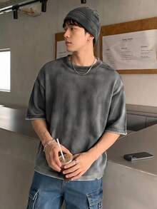 Claim Dot Men's Dark Grey Summer Streetwear Round Neck Tie-Dyed Printed Casual Short-Sleeved Knit Top Graphic T Shirt,Color Block,Rave,Hip Hop,Rapper,Graffiti - Grey - View 1