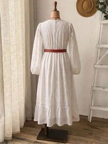 Rusticease Plus Size All White Belted Ruffle Textured Round Neck Extra Long Sleeve Dress Elegant Celestial Formal Brunch Party Fall Winter 2026 - White - View 2