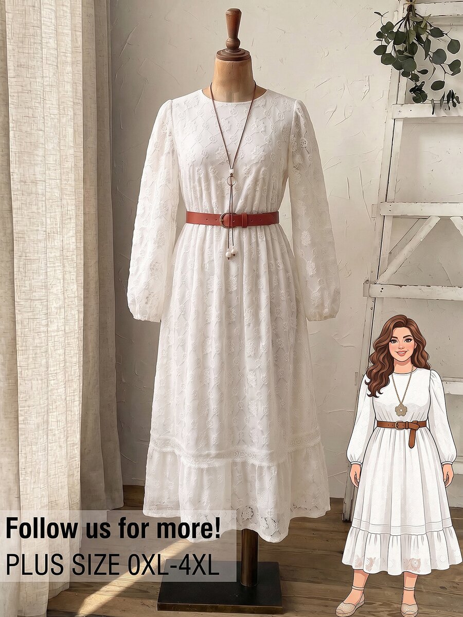 Rusticease Plus Size All White Belted Ruffle Textured Round Neck Extra Long Sleeve Dress Elegant Celestial Formal Brunch Party Fall Winter 2026 - White - View 1