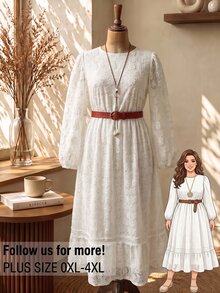Rusticease Plus Size All White Belted Ruffle Textured Round Neck Extra Long Sleeve Dress Elegant Celestial Formal Brunch Party Fall Winter 2026 - White - View 8
