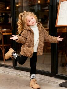 SHEIN Young Girl Heart Pattern Long Sleeve Zip Front Fuzzy Hooded Casual Jacket, Autumn/Winter - Brown - View 4