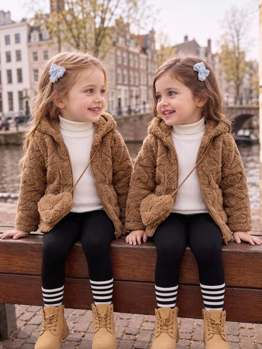 SHEIN Young Girl Heart Pattern Long Sleeve Zip Front Fuzzy Hooded Casual Jacket, Autumn/Winter