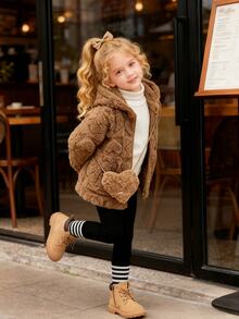 SHEIN Young Girl Heart Pattern Long Sleeve Zip Front Fuzzy Hooded Casual Jacket, Autumn/Winter - Brown - View 5