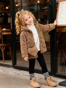 SHEIN Young Girl Heart Pattern Long Sleeve Zip Front Fuzzy Hooded Casual Jacket, Autumn/Winter - Brown - View 6