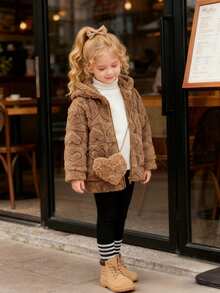 SHEIN Young Girl Heart Pattern Long Sleeve Zip Front Fuzzy Hooded Casual Jacket, Autumn/Winter - Brown - View 8
