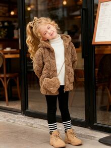 SHEIN Young Girl Heart Pattern Long Sleeve Zip Front Fuzzy Hooded Casual Jacket, Autumn/Winter - Brown - View 9
