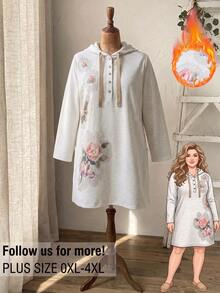 Rusticease Plus Size Women's Long Sleeve Hooded Drawstring Button Design Printed Dress Fall Formal Homewear Evening Home Vacation Going Out White Casual L'amoure - Apricot - View 1