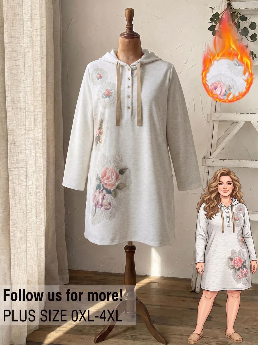 Rusticease Plus Size Women's Long Sleeve Hooded Drawstring Button Design Printed Dress Fall Formal Homewear Evening Home Vacation Going Out White Casual L'amoure - Apricot - View 1