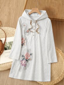 Rusticease Plus Size Women's Long Sleeve Hooded Drawstring Button Design Printed Dress Fall Formal Homewear Evening Home Vacation Going Out White Casual L'amoure - Apricot - View 8