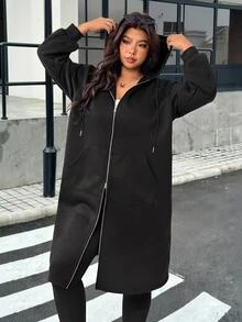 Muchica 女款大尺碼長袖拉鍊連帽外套，附口袋，休閒優雅寬鬆街頭風，秋季黑色，適合賽車日、居家、旅行、外出與辦公室穿著 - 黑色 - 查看 4