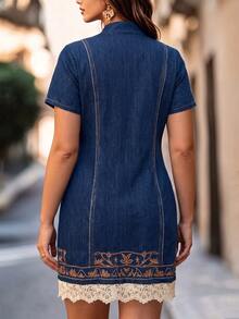 Velvienne Plus Size Summer Casual Denim Effect Printed Lace Patchwork Dress Fall - Multicolor - View 2